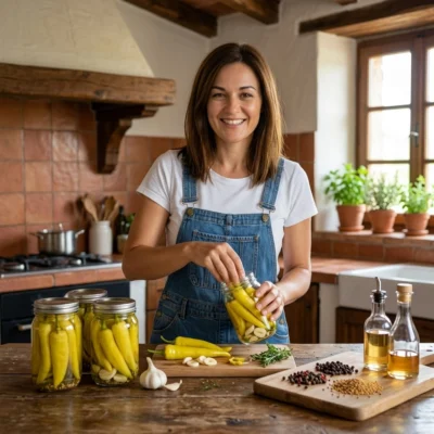Catalina preparando encurtidos caseros con chile banana dulce fresco amarillo de Jalapeños Tu Gitana