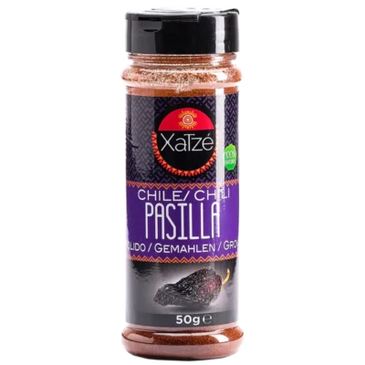 Chile Pasilla Molido Xatzé 50g envase — especia mexicana oscura 100% para mole negro y salsas