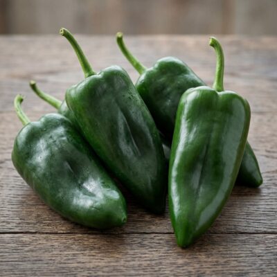 Varios chiles poblano frescos colocados sobre una tabla de madera, Chile Poblano Fresco en España listo para cocinar.