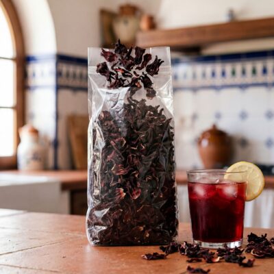 Bolsa de 100 g de flor de jamaica seca junto a un vaso de infusión de hibisco rojo, lista para preparar agua de jamaica