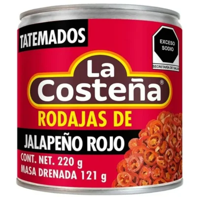 Rodajas de Jalapeño Rojo Tatemado La Costeña 220g lata — jalapeño maduro asado a la llama técnica mexicana para nachos