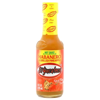 Botella de salsa El Yucateco Habanero y Piña Asada 120 ml, dulce y ahumada con picante suave