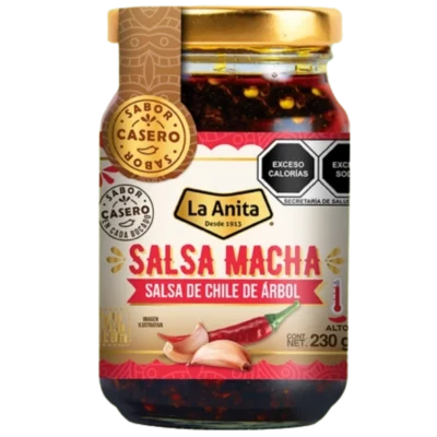 Frasco de salsa macha de chile de árbol La Anita de 230 g, salsa picante