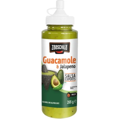 Salsa Guacamole y Jalapeño Zaaschila 265g botella — guacamole mexicano cremoso vegano con aguacate Hass y jalapeño verde