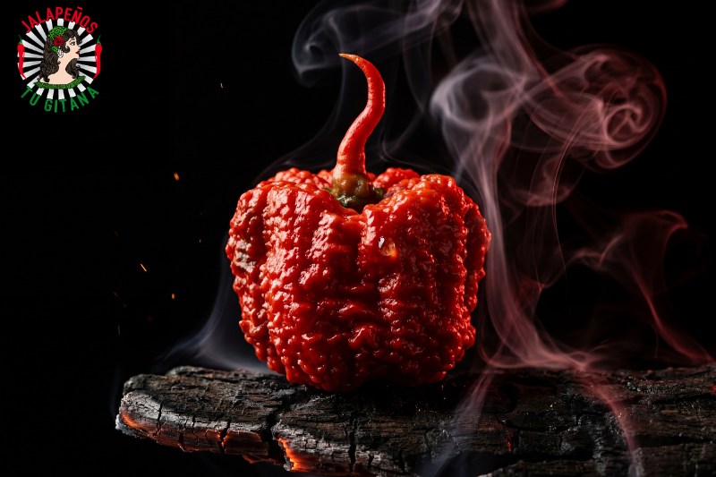 Detalle macro del Carolina Reaper con su aguijón curvado y humo dramático