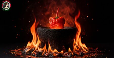 Carolina Reaper sobre molcajete rodeado de llamas - el chile más picante del mundo