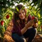 Mujer cosechando Carolina Reaper entre plantas de chiles en campo valenciano