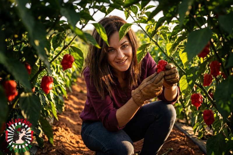 Mujer cosechando Carolina Reaper entre plantas de chiles en campo valenciano