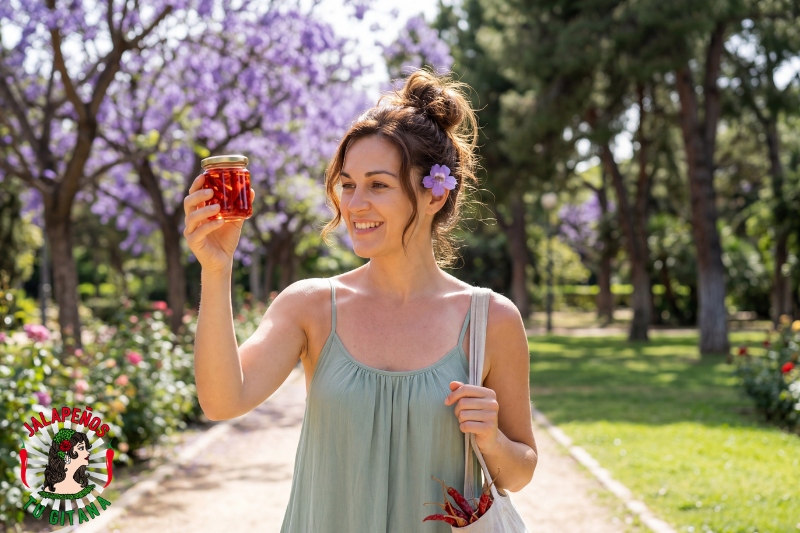 Mujer con chiles de árbol secos en los Jardines de Viveros de Valencia en primavera