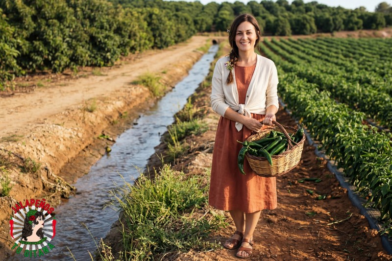 Mujer junto a acequia valenciana con chiles chilaca recién cosechados