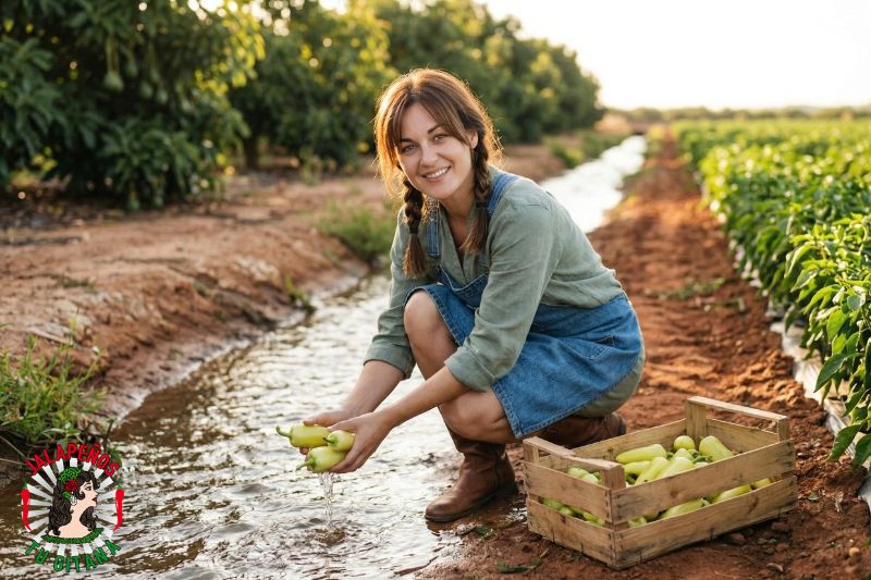 Mujer seleccionando chiles güeros recién cosechados junto a acequia valenciana