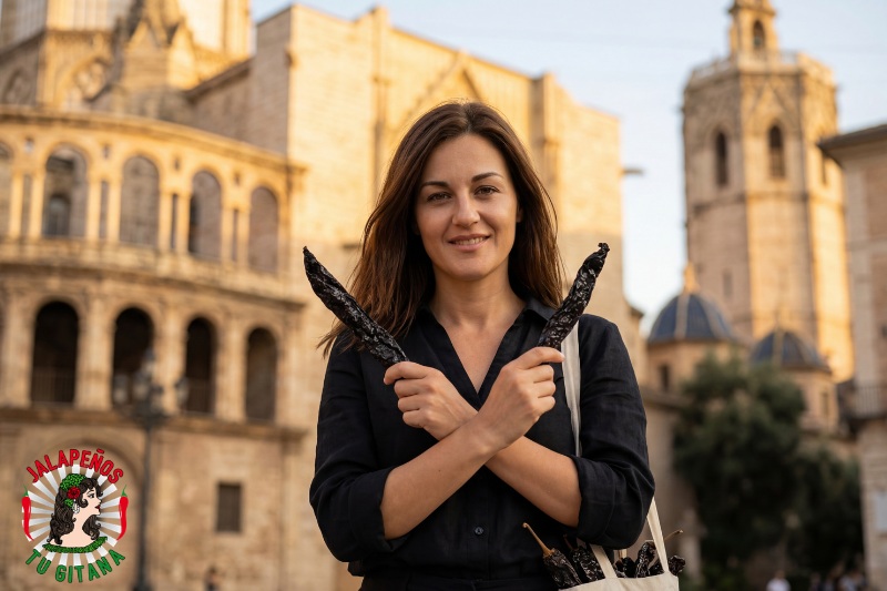 Mujer con chiles pasilla secos en la Plaza de la Virgen de Valencia con la Catedral al fondo