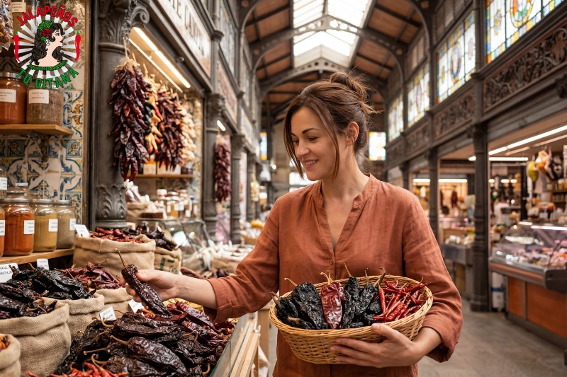Mujer con selección de chiles secos mexicanos en el Mercado Central de Valencia