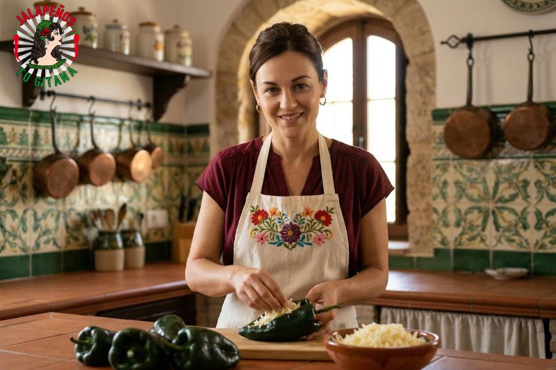 Mujer preparando chiles rellenos en cocina rústica tradicional