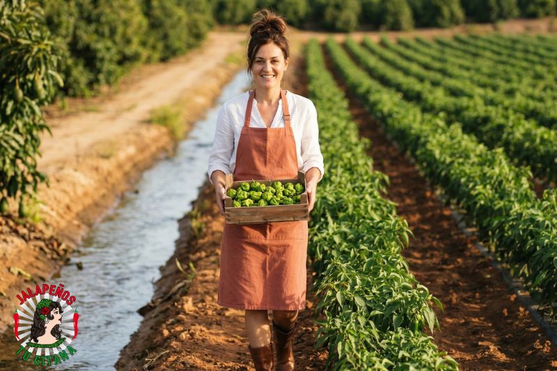 Mujer llevando caja de chiles Hulk Reaper recién cosechados junto a acequia valenciana
