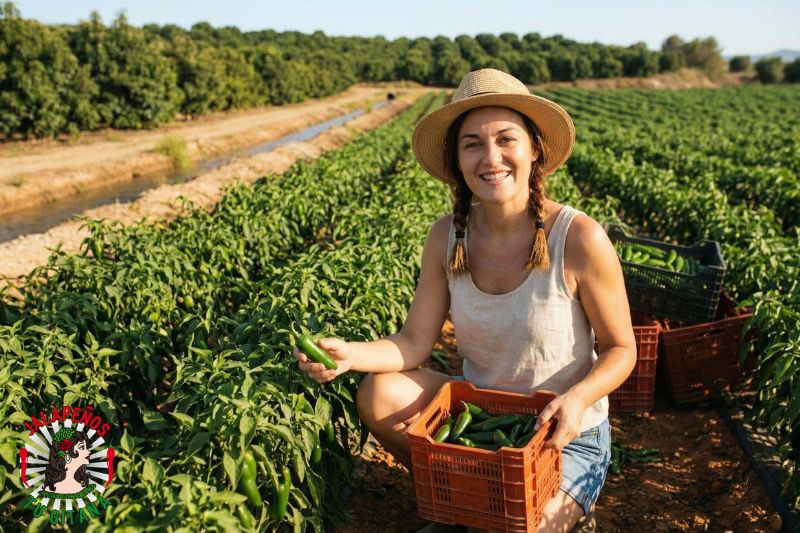 Mujer cosechando chiles verdes en campo de cultivo mediterráneo