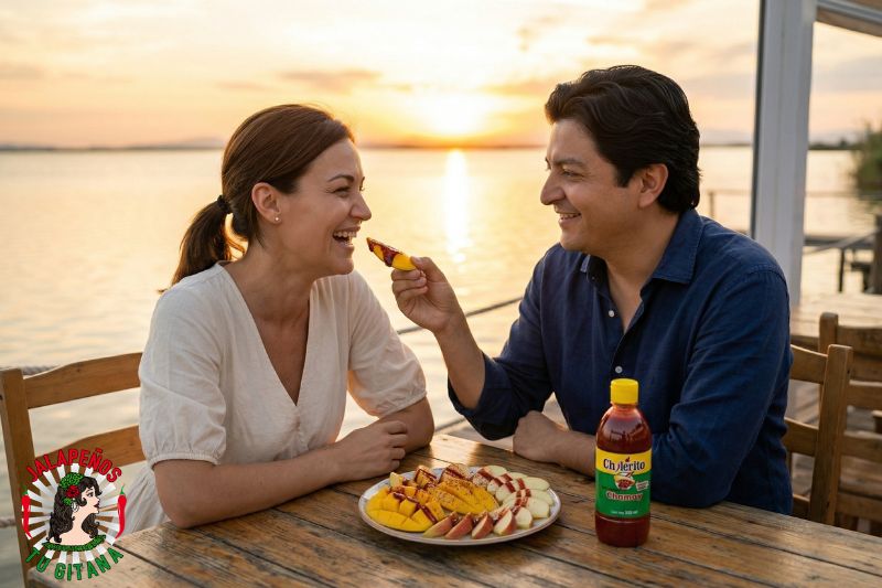 Pareja disfrutando un aperitivo mexicano junto al lago al atardecer