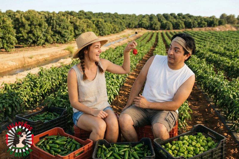 Pareja de agricultores con su cosecha de chiles en campo mediterráneo