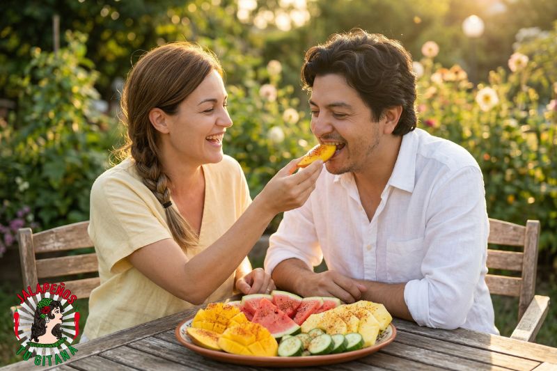Pareja compartiendo un plato de frutas frescas con especias al aire libre