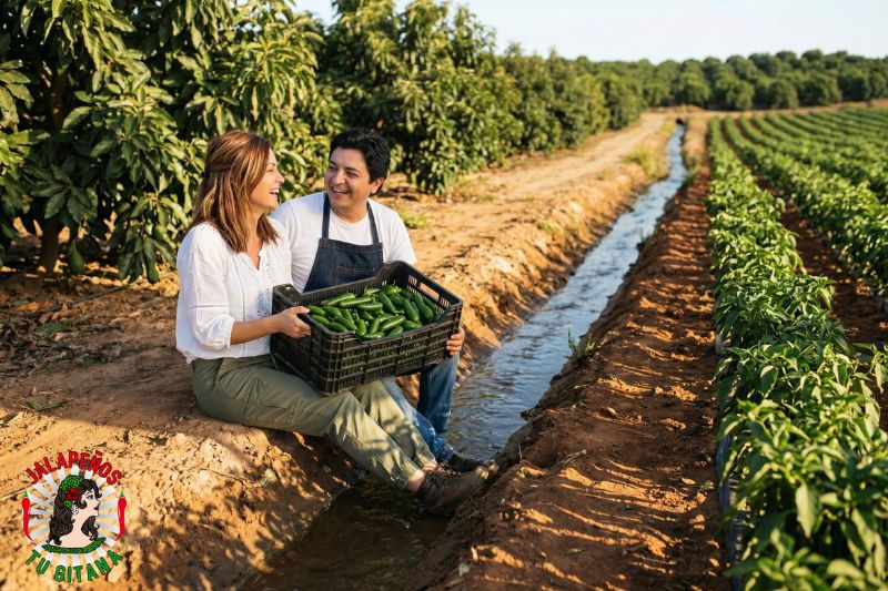 Pareja de agricultores cosechando chiles verdes juntos en campo mediterráneo