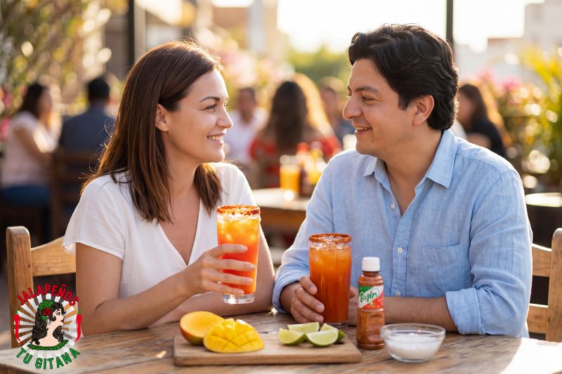 Pareja disfrutando micheladas de mango en una terraza al aire libre