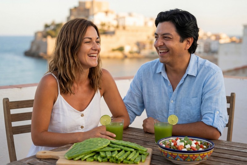 Pareja disfrutando ensalada de nopales y jugo verde en terraza con vistas al castillo de Peñíscola