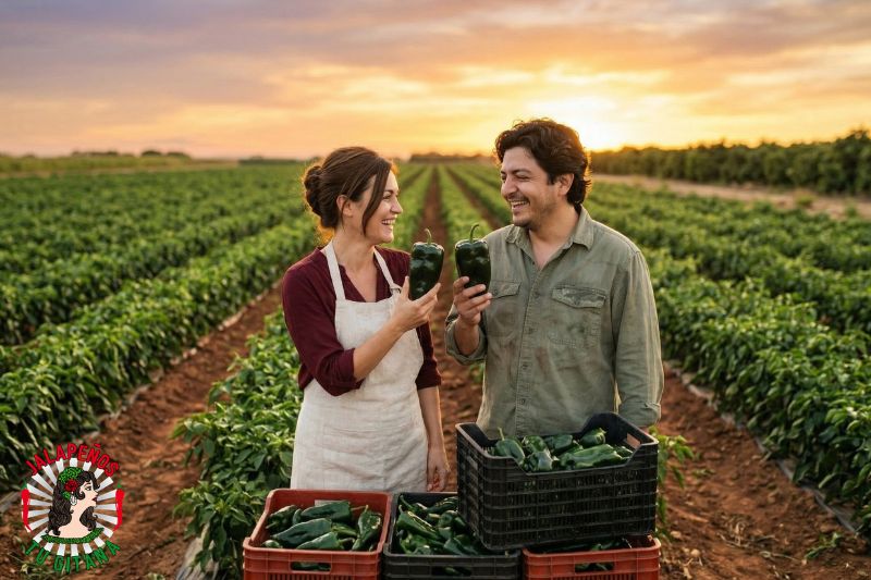 Pareja de agricultores con cosecha de chiles grandes en campo al atardecer