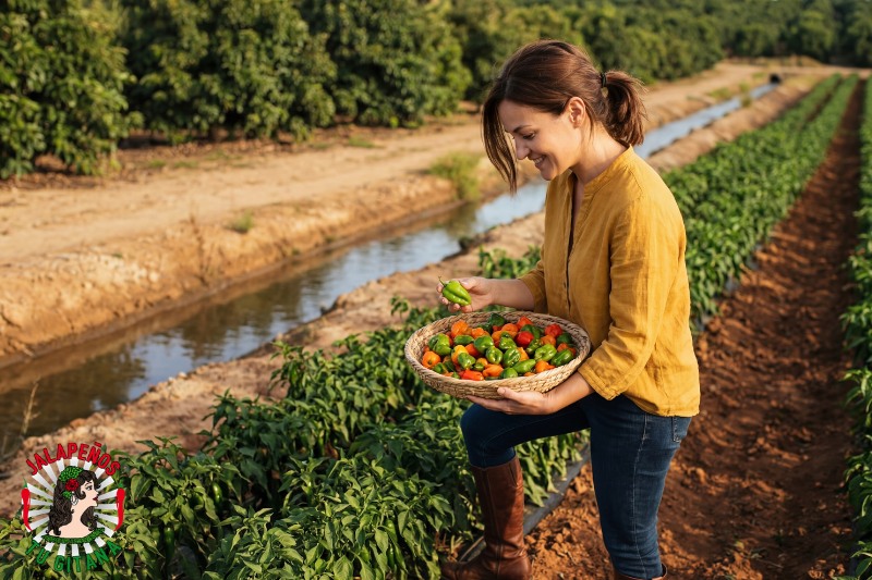 Mujer con cosecha de habaneros verdes y naranjas en campo valenciano