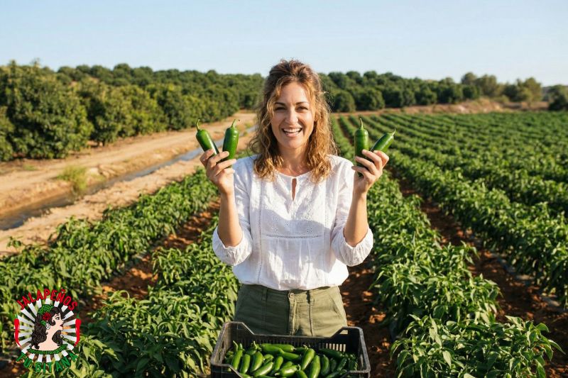 Mujer orgullosa mostrando su cosecha de chiles verdes en campo mediterráneo