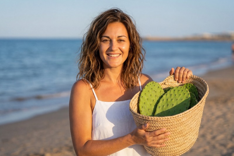 Mujer sonriente con cesta de nopales frescos en la playa de la Malvarrosa, Valencia