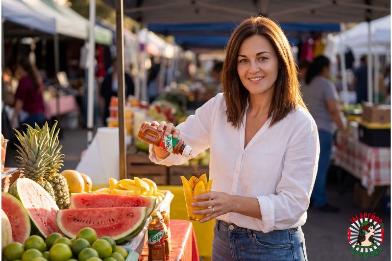 Mujer espolvoreando condimento sobre frutas frescas en un puesto