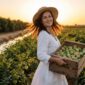 Mujer con cosecha de tomatillos verdes frescos en campo de Valencia
