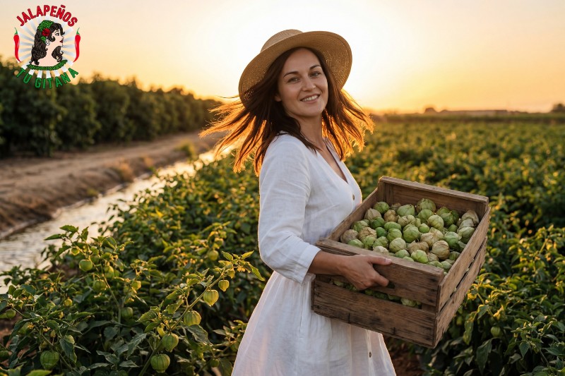 Mujer con cosecha de tomatillos verdes frescos en campo de Valencia