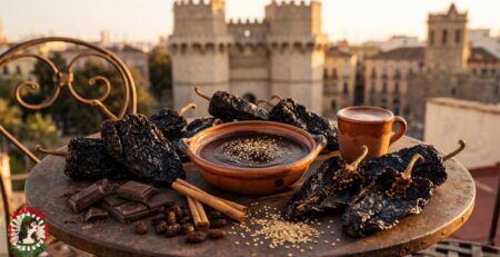 Chile ancho seco mexicano en bodegón en terraza con vistas a las Torres de Serranos de Valencia