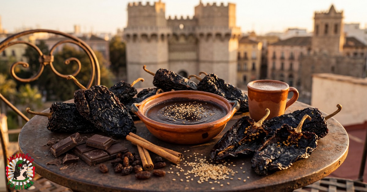Chile ancho seco mexicano en bodegón en terraza con vistas a las Torres de Serranos de Valencia