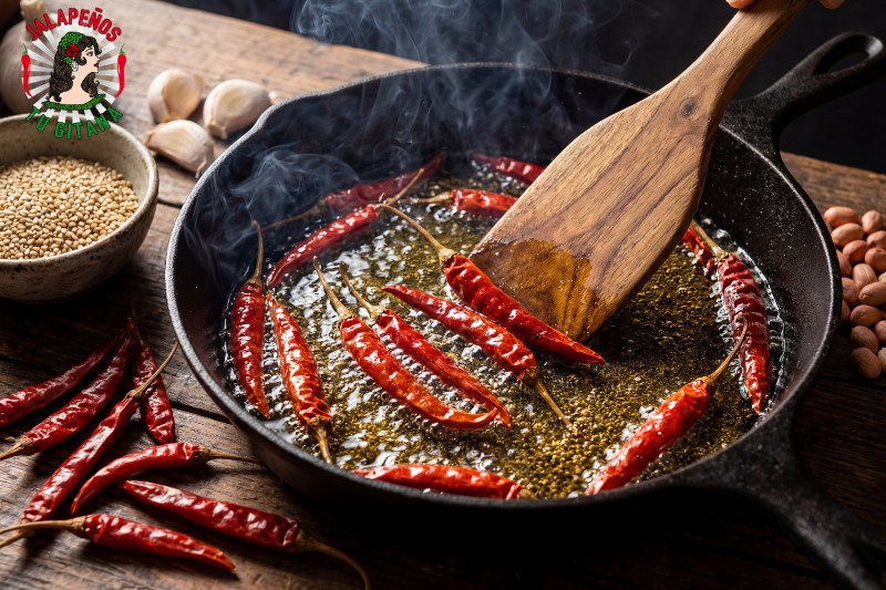 Chiles de árbol secos friéndose en aceite caliente para preparar salsa macha