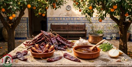Chile guajillo seco mexicano en bodegón sobre mesa de piedra en patio valenciano con naranjos