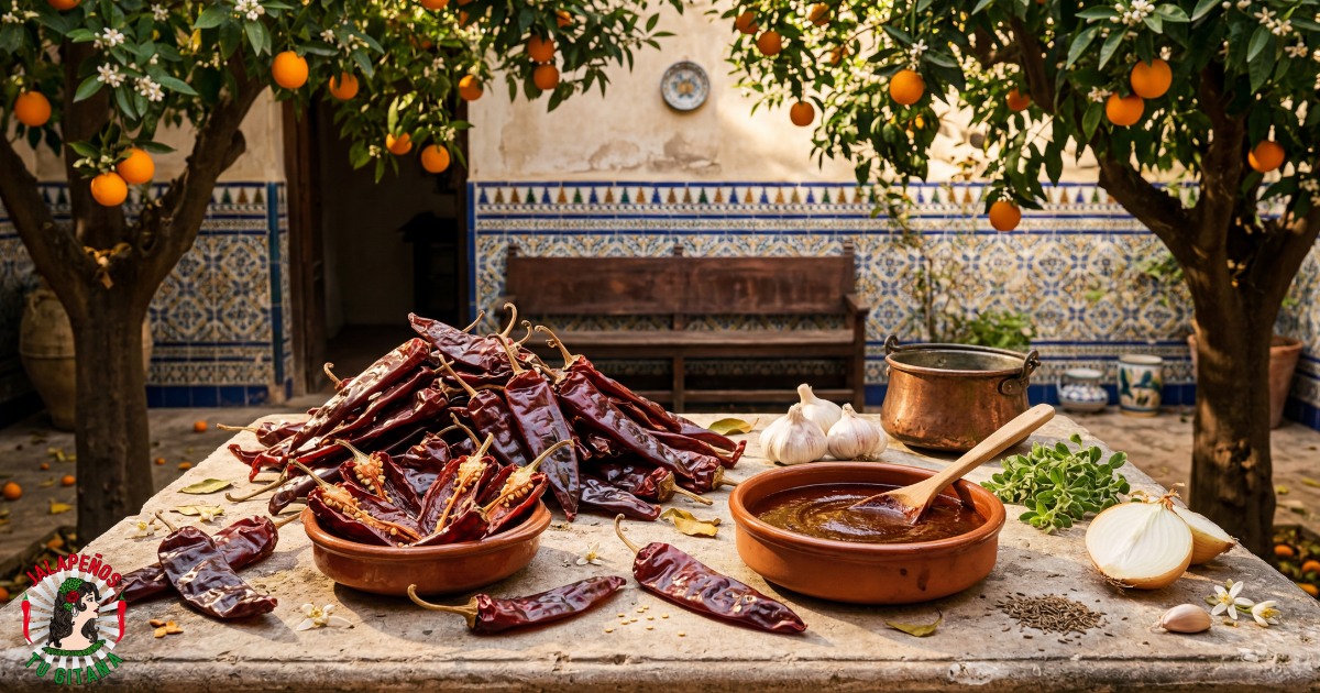 Chile guajillo seco mexicano en bodegón sobre mesa de piedra en patio valenciano con naranjos