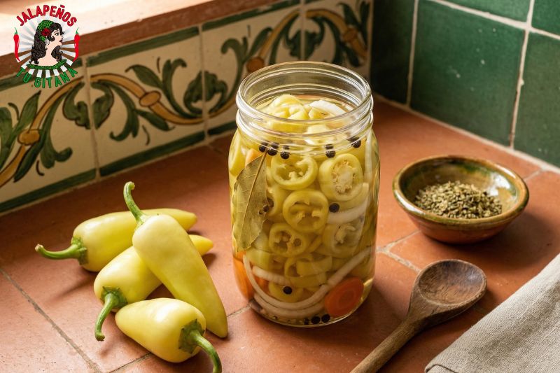 Chiles güeros en escabeche mexicano con cebolla y zanahoria