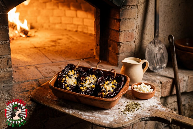 Chiles ancho rellenos gratinados en horno de leña tradicional valenciano