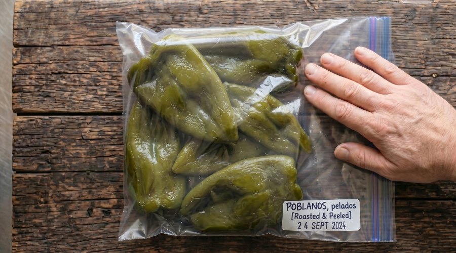 Chiles poblanos en bolsa hermética para congelar