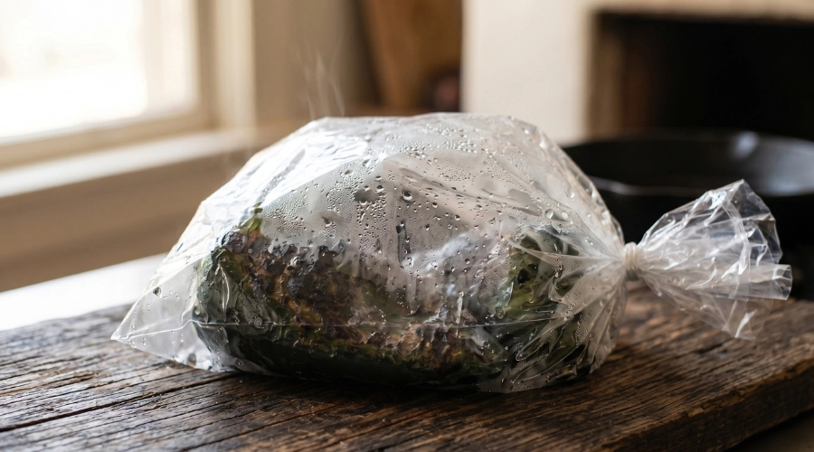 Chiles poblanos sudando en bolsa después de tatemar