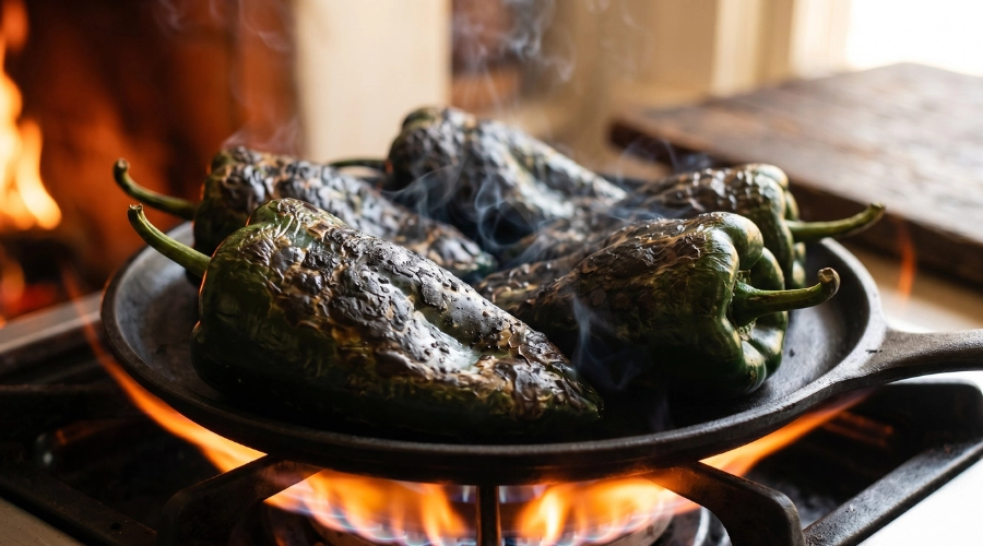 Chiles poblanos tatemados en comal