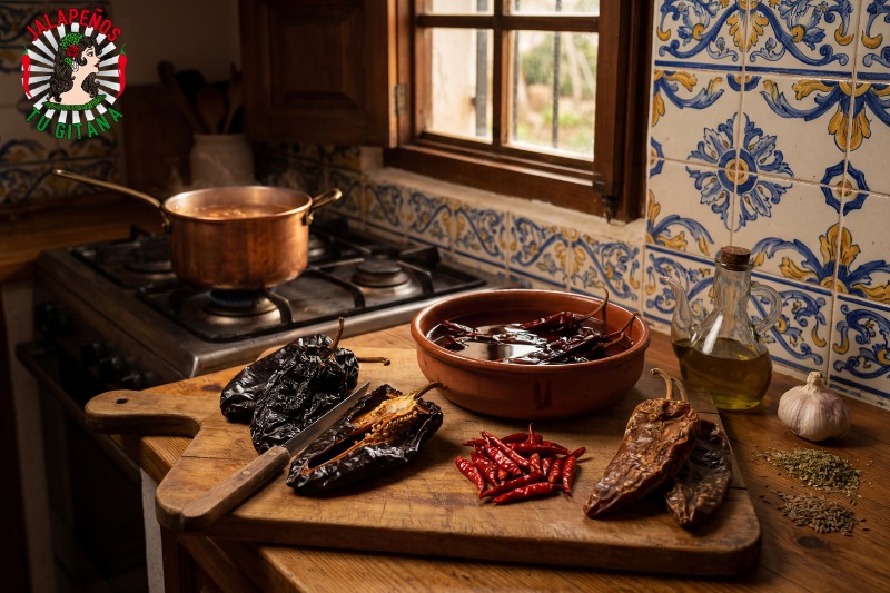 Chiles secos mexicanos en cocina tradicional de barraca valenciana con azulejos de Manises