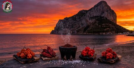 Chiles secos superpicantes en bodegón épico con el Peñón de Ifach de Calpe al atardecer