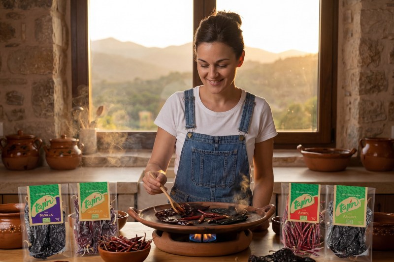 Cocinando con chiles secos Tajín — tostando en comal en cocina mediterránea
