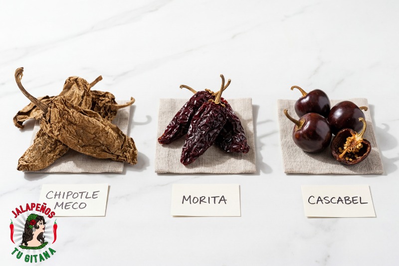 Comparativa visual entre chile chipotle meco, morita y cascabel secos mexicanos