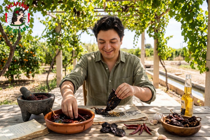 Hombre preparando adobo con chiles secos mexicanos en terraza de huerta valenciana bajo parra