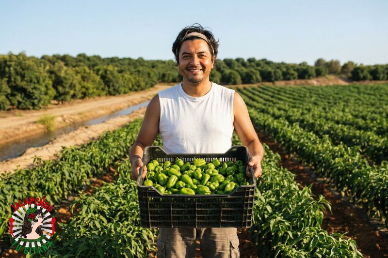 Hombre mostrando cosecha de chiles picantes en campo de cultivo