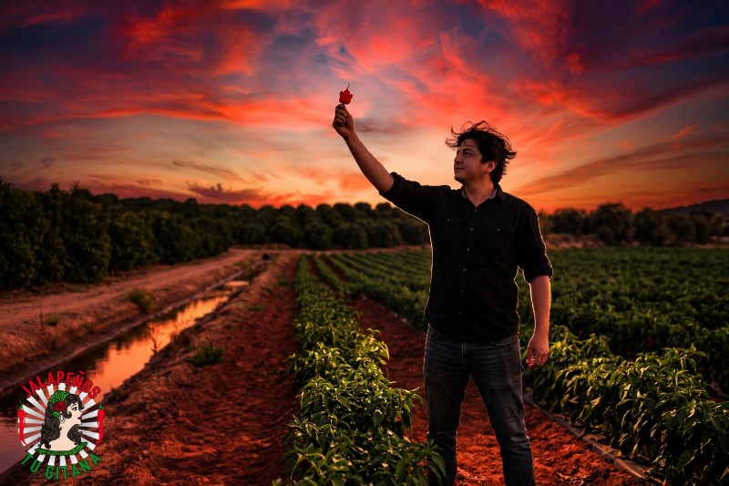 Agricultor sosteniendo Carolina Reaper contra atardecer dramático en campo de Valencia